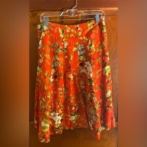 Linen blend Midi Skirt, orange floral, Size 10